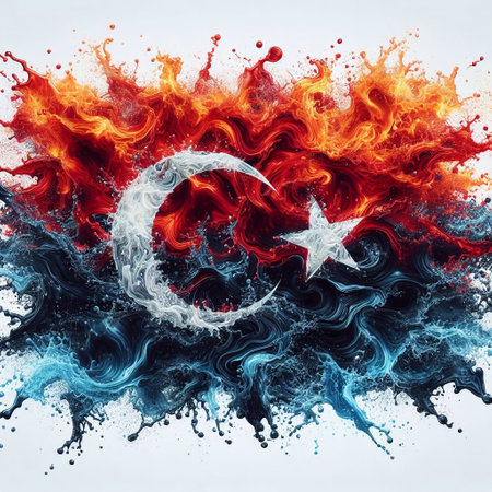 Turkiye flag what Splash of water and flame. AI generated illustrationの素材