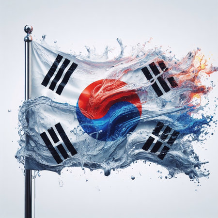 South Korea flag what Splash of water and flame. AI generated illustrationの素材