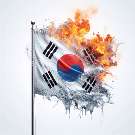 South Korea flag what Splash of water and flame. AI generated illustrationの素材