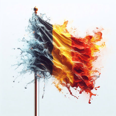 Belgium flag what Splash of water and flame. AI generated illustrationの素材