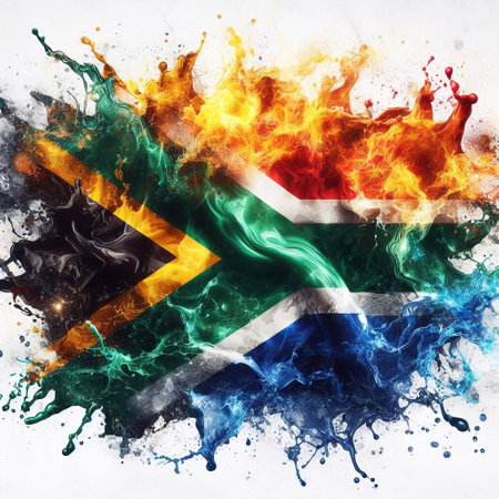South Africa flag what Splash of water and flame. AI generated illustrationの素材