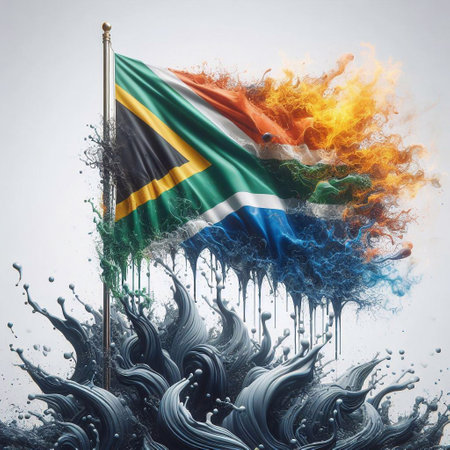 South Africa flag what Splash of water and flame. AI generated illustrationの素材