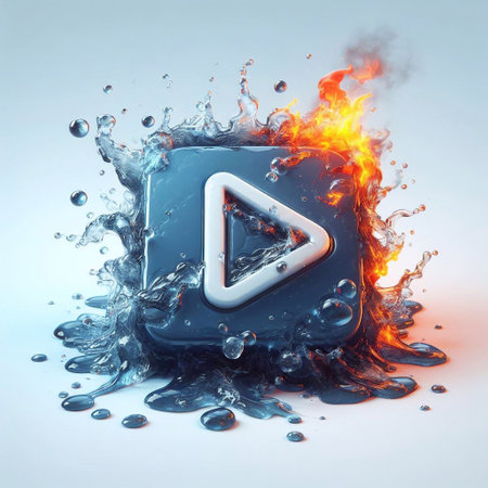 Glass button blend with water and fire splashes. AI generated illustrationの素材