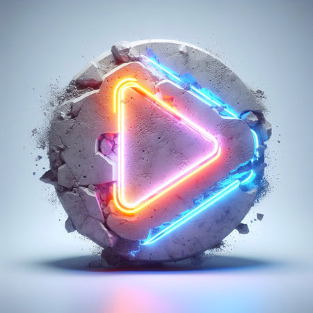 Play button made of Concrete with Neon Light. AI generated illustrationの素材