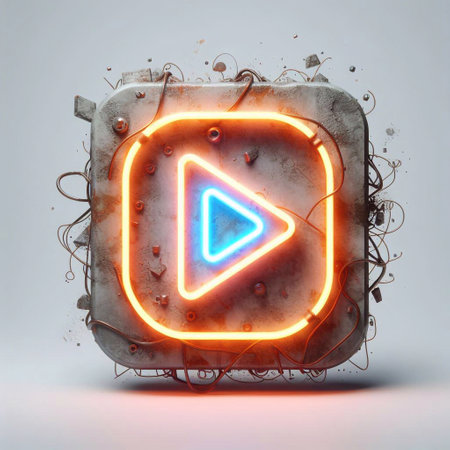 Play button made of Concrete with Neon Light. AI generated illustrationの素材