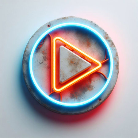 Play button made of Concrete with Neon Light. AI generated illustrationの素材
