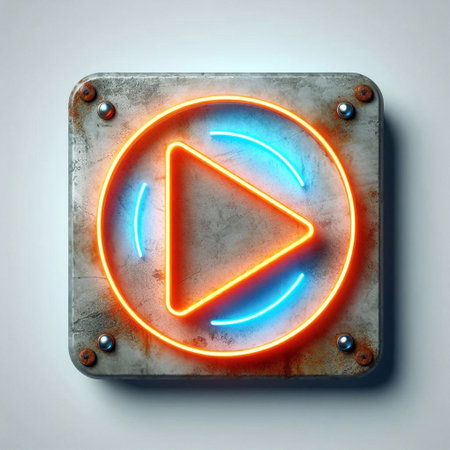 Play button made of Concrete with Neon Light. AI generated illustrationの素材