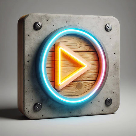 Play button made of Concrete with Neon Light. AI generated illustrationの素材