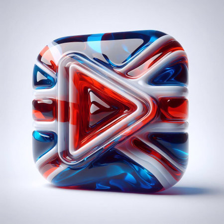 Glass play button blend with UK flag. AI generated illustrationの素材