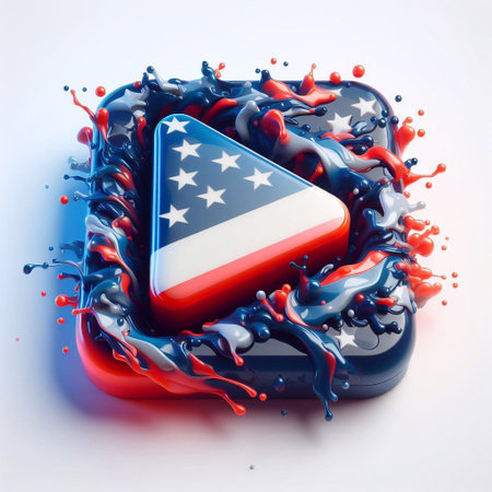 Glass play button blend with USA flag. AI generated illustrationの素材