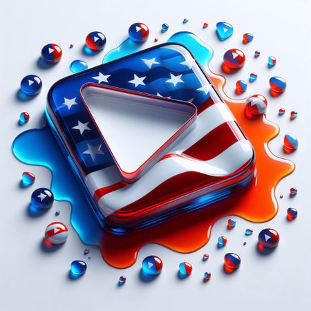 Glass play button blend with USA flag. AI generated illustrationの素材