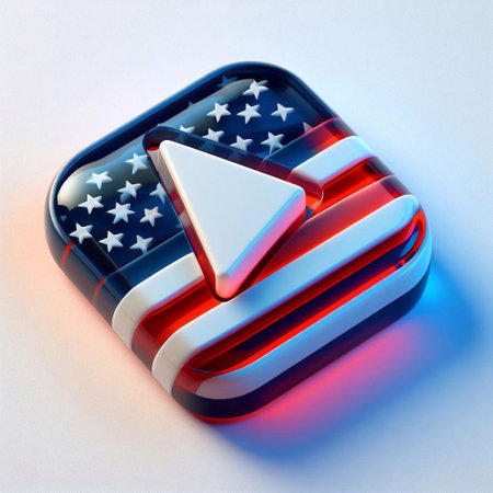 Glass play button blend with USA flag. AI generated illustrationの素材