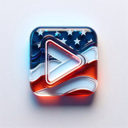 Glass play button blend with USA flag. AI generated illustrationの素材