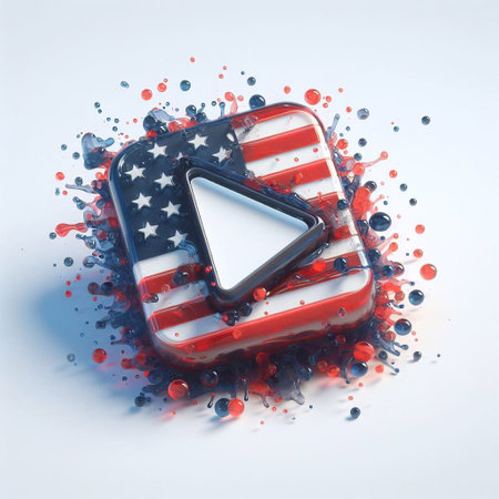 Glass play button blend with USA flag. AI generated illustrationの素材