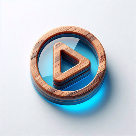 Play button made of Wood blent with blue glass. AI generated illustrationの素材