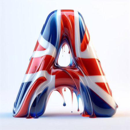 Glasss letter A in color of United Kingdom flag. AI generated illustrationの素材