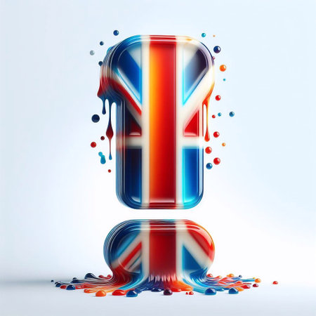 Glasss Exclamation mark in color of United Kingdom flag. AI generated illustrationの素材