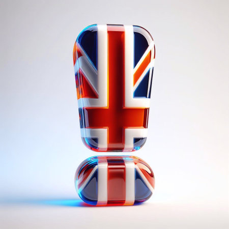 Glasss Exclamation mark in color of United Kingdom flag. AI generated illustrationの素材