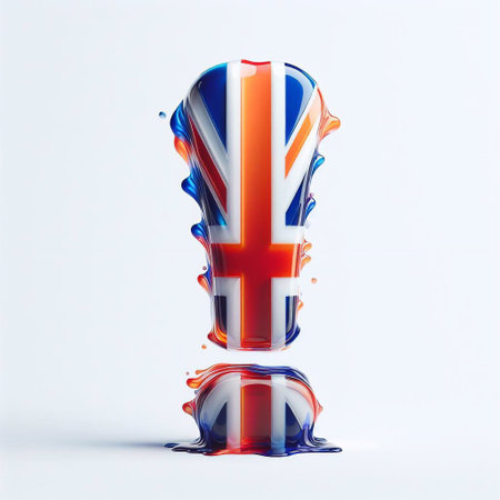 Glasss Exclamation mark in color of United Kingdom flag. AI generated illustrationの素材