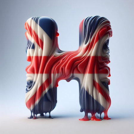 Glasss letter H in color of United Kingdom flag. AI generated illustrationの素材