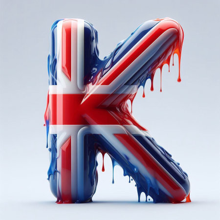 Glasss letter K in color of United Kingdom flag. AI generated illustrationの素材