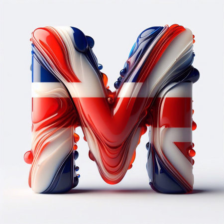 Glasss letter M in color of United Kingdom flag. AI generated illustrationの素材