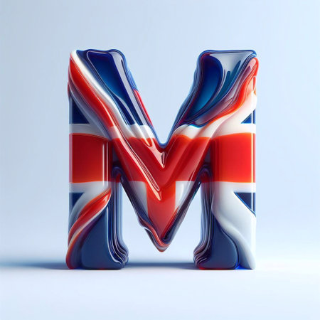 Glasss letter M in color of United Kingdom flag. AI generated illustrationの素材
