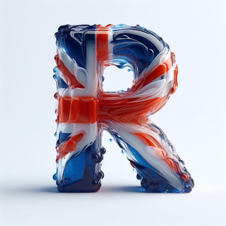 Glasss letter R in color of United Kingdom flag. AI generated illustrationの素材