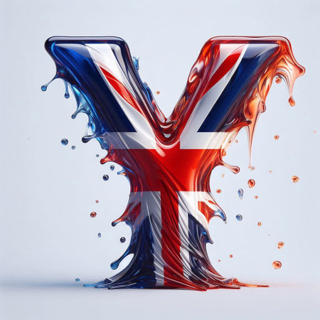 Glasss letter Y in color of United Kingdom flag. AI generated illustrationの素材