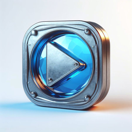 Play button made of Steel blend with blue glass. AI generated illustrationの素材