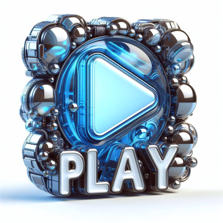 Play button made of Steel blend with blue glass. AI generated illustrationの素材