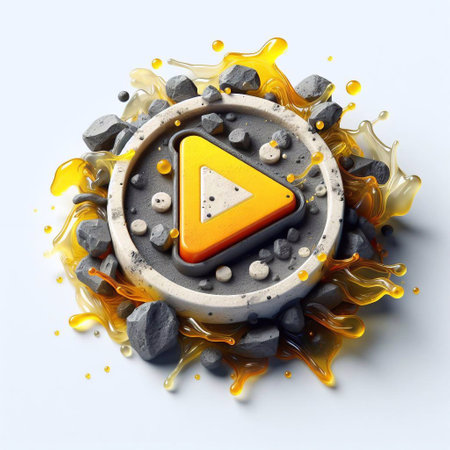 Play button made of Raw Stone blend with yellow glass. AI generated illustrationの素材