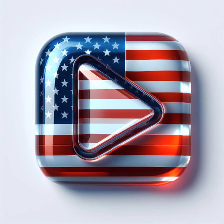 Glass play button blend with USA flag. AI generated illustrationの素材