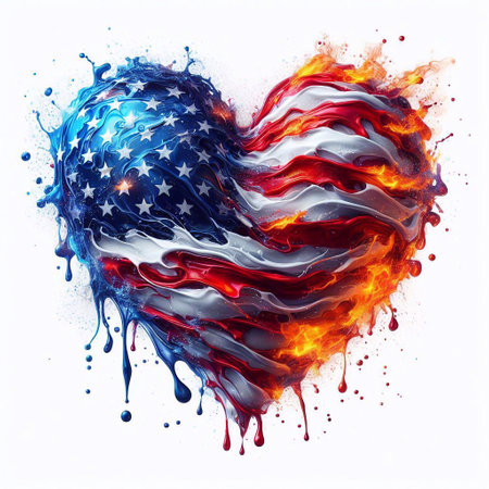 Heart shape USA flag what Splash of water and flame. AI generated illustrationの素材