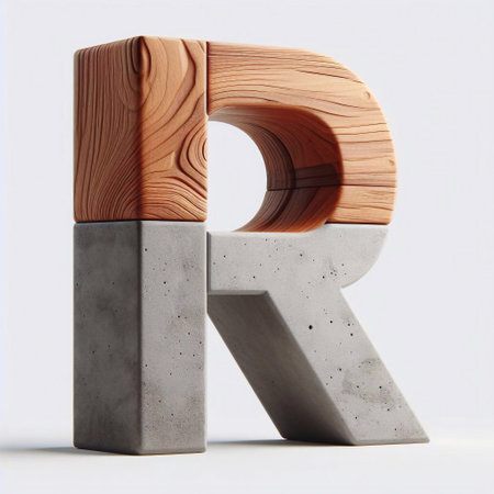 R letter shape created from concrete and wood. AI generated illustrationの素材