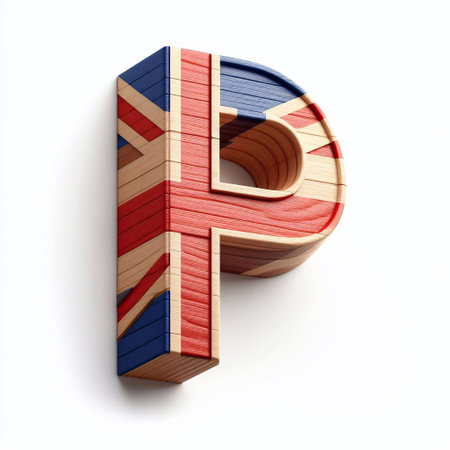 P letter United Kingdom letters shape 3D wooden Lettering Typeface. AI generated illustrationの素材