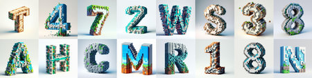 Pixelated letters shape 3D Lettering Typeface. AI generated illustrationの素材