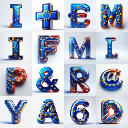 Glass letters shape in colors EU flag 3D Lettering Typeface. AI generated illustrationの素材