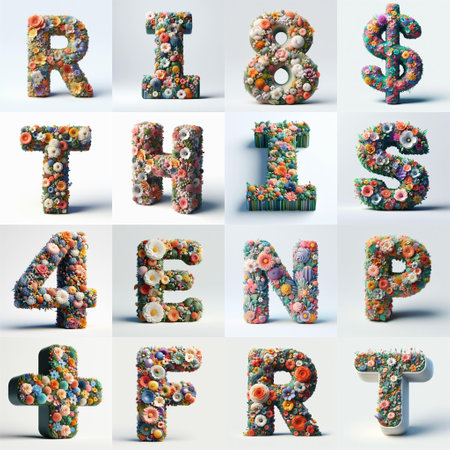 Flowers 3D lettering typefavce. AI generated illustrationの素材