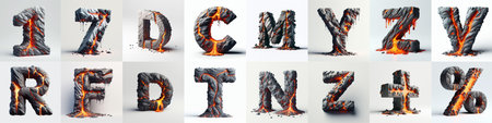 Raw stone and lava 3D Lettering Typeface. AI generated illustrationの素材
