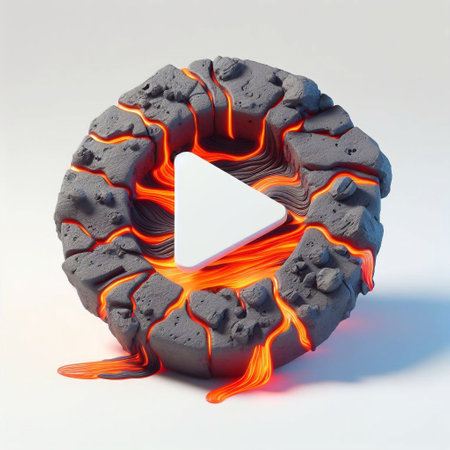 Play button made of raw stone and melting lava. AI generated illustrationの素材