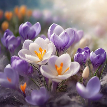 Whispers tale garden of Crocuses. AI generated illustrationの素材