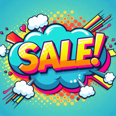 Sale! on a cloud in bright colors, pop-art style. AI generated illustrationの素材
