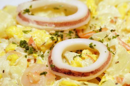 seafood salad background with squid rings on the topの写真素材