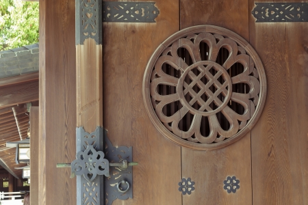 detailed pattern of open wooden door of Japanese temple in Tokyoのeditorial素材