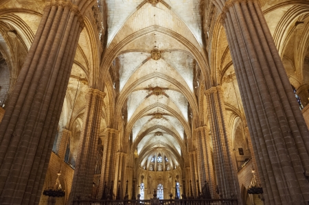 magnificent interior of arc roof inside famous Barcelona Cathedral medieval buildingのeditorial素材