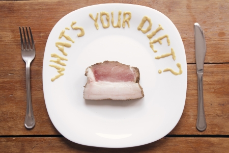 humor question written by mustard sauce on the white plate with thick slice of raw pork meatの写真素材