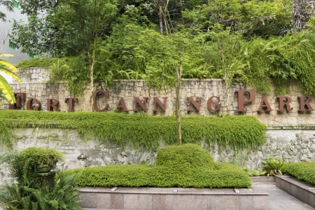 Entrance sign of Fort Canning park in Singaporeの写真素材