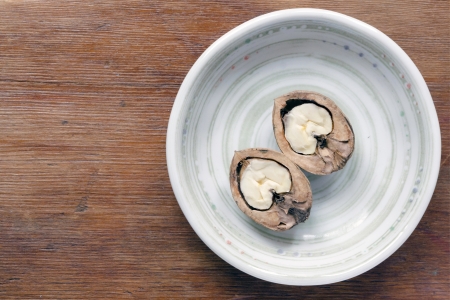two opened pieces of walnut in round plate