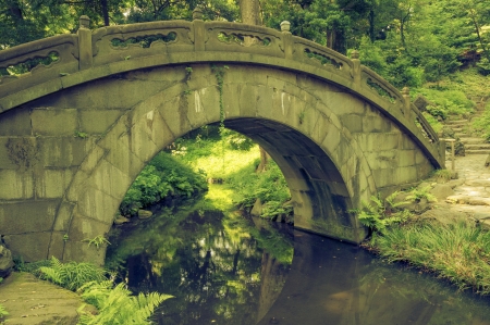 scenic stone bridge over quiet watersの写真素材